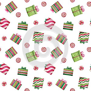 Seamless pattern with watercolor colorful gift boxes and candies