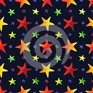 Seamless pattern with watercolor colorful stars on navy blue background