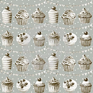 Seamless pattern. Watercolor cupcakes, muffi and festiv flagsns.