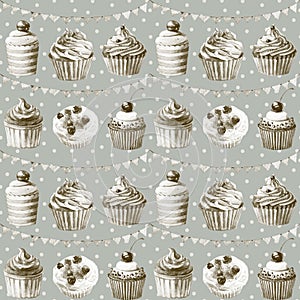 Seamless pattern. Watercolor cupcakes, muffi and festiv flagsns. photo
