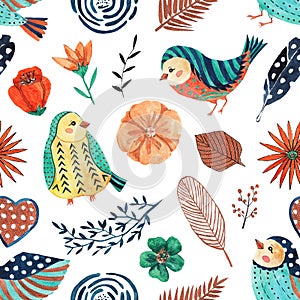Seamless pattern with watercolor cute birds and flowers