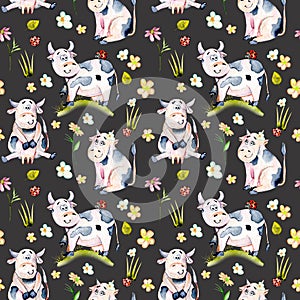 Seamless pattern with watercolor cute cartoon cows, ladybugs and simple flowers