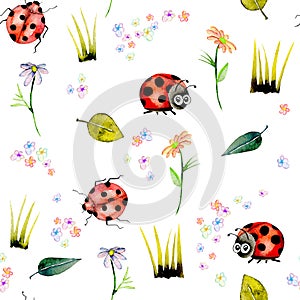 Seamless pattern with watercolor cute cartoon ladybugs and simple flowers