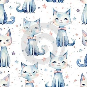 Seamless pattern with watercolor cute cats in scandinavian style isolated on white background