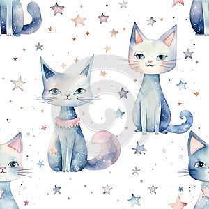 Seamless pattern with watercolor cute cats and stars isolated on white background