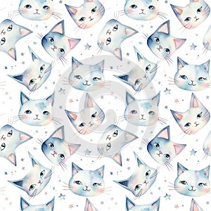 Seamless pattern with watercolor cute cats and stars isolated on white background