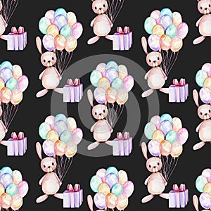 Seamless pattern with watercolor cute festive rabbits, gift boxes and air balloons illustrations