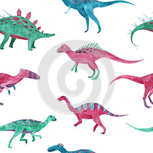 Seamless pattern with watercolor cute little Dinosaurs characters.
