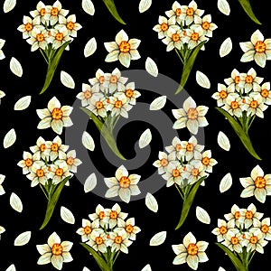 Seamless pattern with watercolor daffodils. Flowers with stem and leaf. Spring botanical print