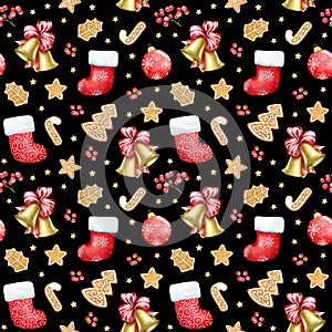 Seamless pattern with watercolor decorative Christmas and New Year elements on black background