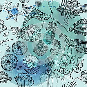 Seamless pattern with watercolor deepwater living organisms