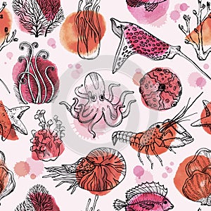 Seamless pattern with watercolor deepwater organisms