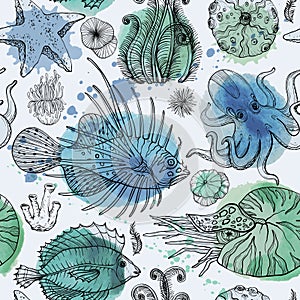 Seamless pattern with watercolor deepwater organisms