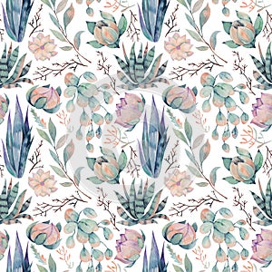Seamless pattern of watercolor desert flowers, agave, succulents