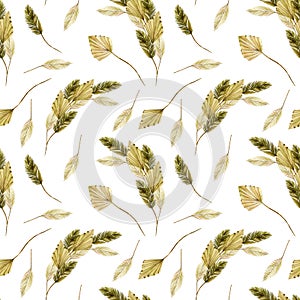 Seamless pattern with watercolor different dried fan palm leaves and floral compositions