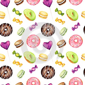 Seamless pattern with watercolor donuts, macaroons and candies isolated on white background