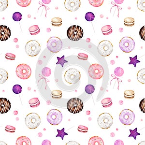 Seamless pattern with watercolor donuts, macaroons and candies isolated on white background