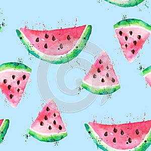 Seamless pattern Watercolor drawing of slices of watermelon with seeds and paint splashes. Large pieces of watermelon on a blue