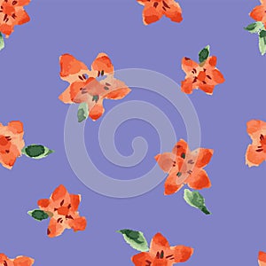 Seamless pattern from watercolor  drawings of abstract red flowers with green leaves on lilac backdrop