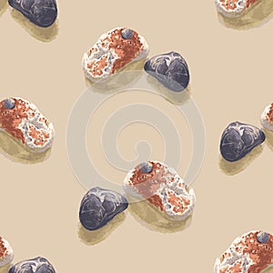 Seamless pattern from watercolor drawings of decorative pebbles stones from seashore