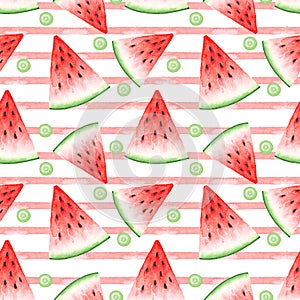 Seamless pattern of watercolor drawings of red watermelon slices and pink stripes