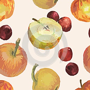 Seamless pattern from watercolor drawings of ripe apples and cherry berries