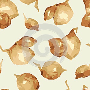 Seamless pattern from watercolor drawings of ripe onion for cooking