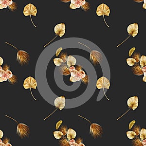 Seamless pattern with watercolor dried roses and dried fan palm leaves