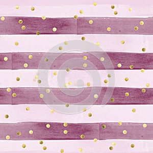 Seamless Pattern in watercolor effect - horizontal stripes in pink and purple with gold confetti
