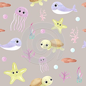 Seamless pattern with watercolor elements: baby turtle, whale, jellyfish,starfish and corals. Cute sea animals with big
