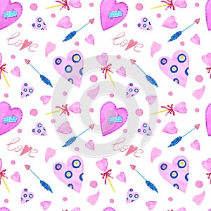 Seamless pattern with watercolor elements of hearts, balls, key, love letter, flowers, hearts and arrows. Background for wedding