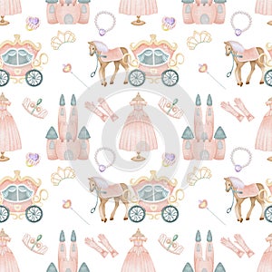 Seamless pattern of watercolor fairy tale princess elements princess castle, carriage, princess dress, crown