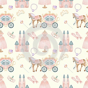 Seamless pattern of watercolor fairy tale princess elements princess castle, carriage, princess dress, crown