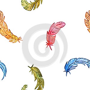 Seamless pattern with watercolor feathers