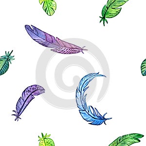 Seamless pattern with watercolor feathers