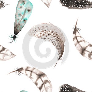 A seamless pattern with the watercolor feathers
