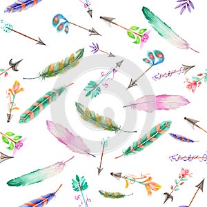 Seamless pattern of watercolor feathers and romantic arrows