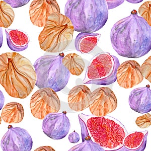 Seamless pattern with watercolor figs fresh and dried