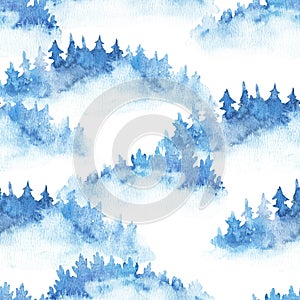 Seamless pattern with watercolor fire trees. Spruces and pines, forest hand painted illustration.