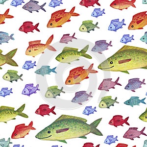 Seamless pattern with watercolor fishes on a white background.