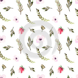 Seamless pattern watercolor floral design: garden rose peony, powder white pink, branch green