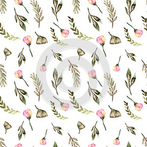 Seamless pattern watercolor floral design: garden rose peony, powder white pink, branch green