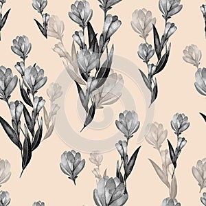 Seamless pattern watercolor flowers black and white