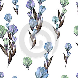 Seamless pattern watercolor flowers blue