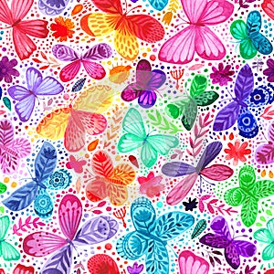 Seamless pattern with watercolor flowers and butterflies. Freehand drawing, rainbow colors pattern. Decorative wallpaper