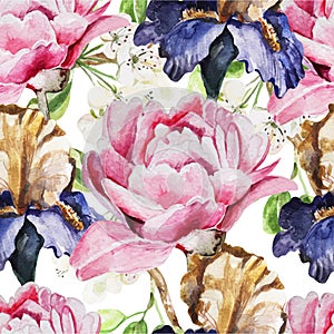 Seamless pattern with watercolor flowers. Iris