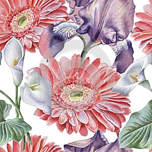 Seamless pattern with watercolor flowers. Iris. Gerbera. Calla.