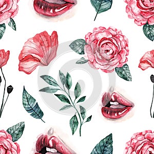 Seamless pattern with watercolor flowers, leaves and lips