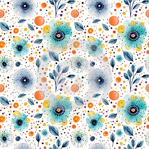 Seamless pattern with watercolor flowers in pastel hues and polka dots isolated on white background