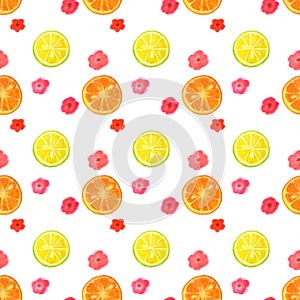 Seamless pattern with watercolor flowers and slices of lemon and orange